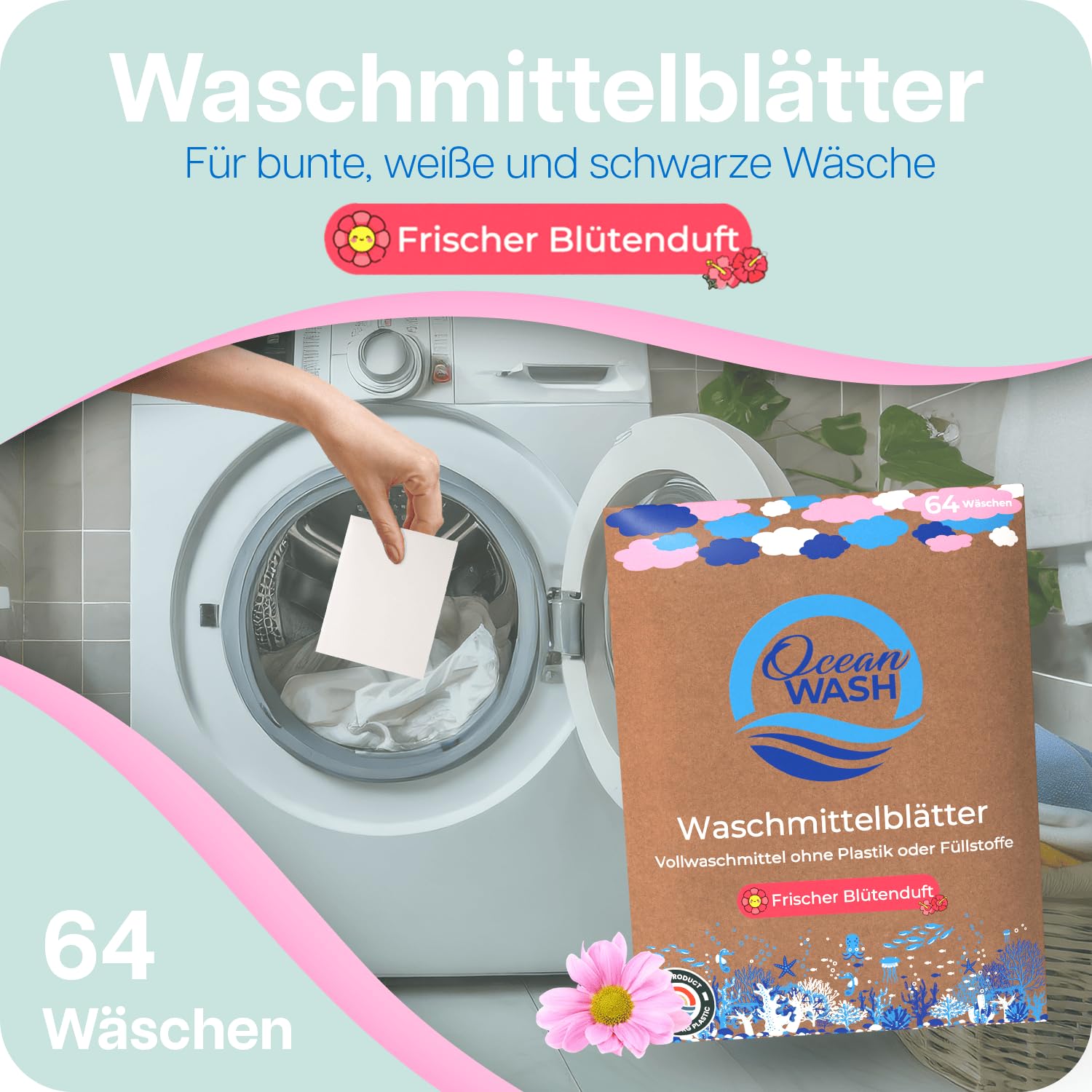 OceanWash Waschmittelblätter Blütenduft, Waschblätter Waschmaschine für alle Textilien und Farben, Waschtücher biologisch abbaubar, Laundry Detergent Sheets Vollwaschmittel, 64 Wäschen 2