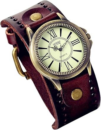 Lancardo Reloj de pulsera de cuero vintage con bisel de bronce de latón antiguo (marrón) para fiesta de disfraces de Halloween