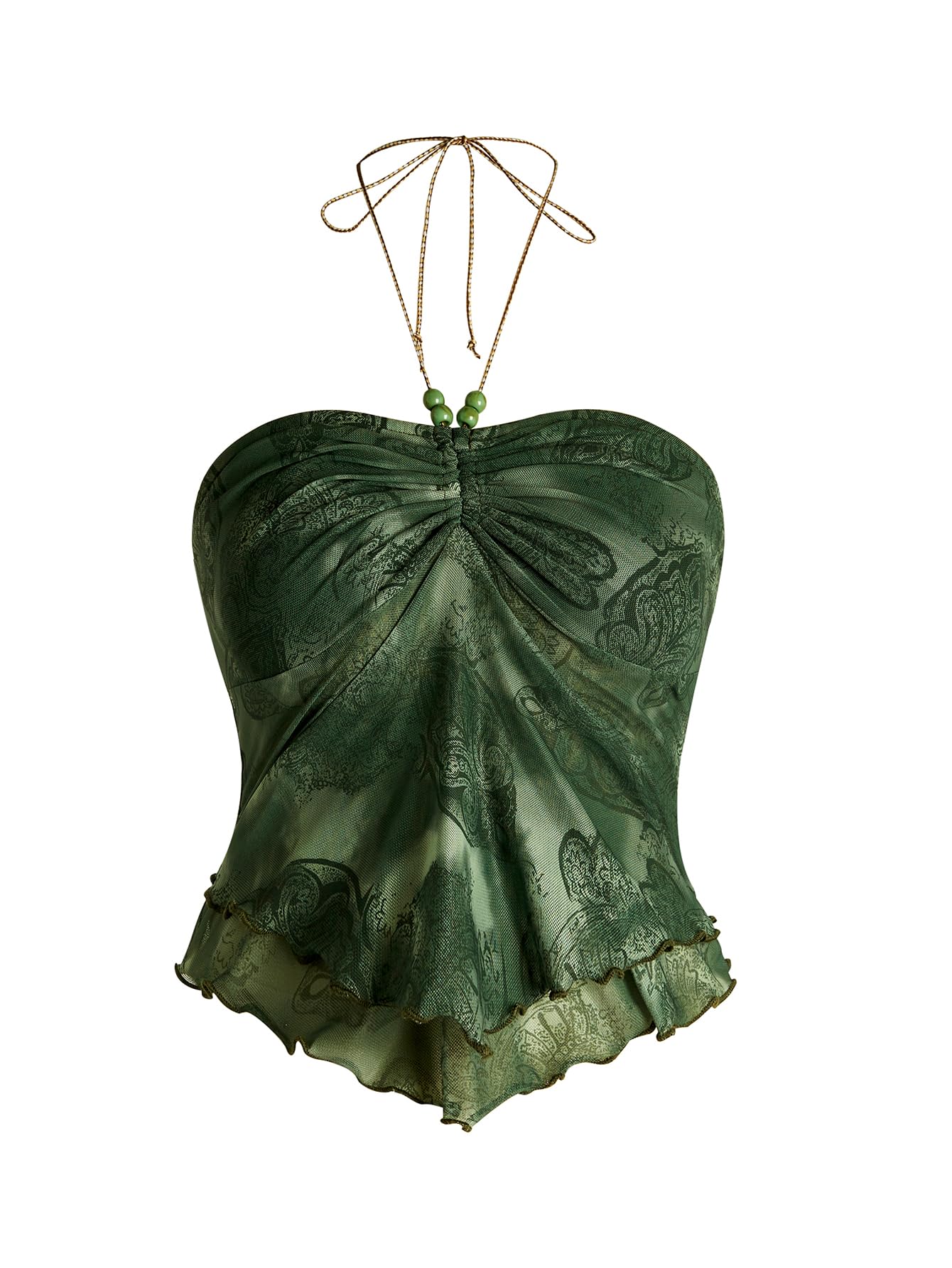 Photo 1 of BEAUDRM Women's Y2k Halter Top Ruched Lettuce Trim Beaded Cami Crop Tube Top Asymmetrical Hem Backless Boho Cami Green Small