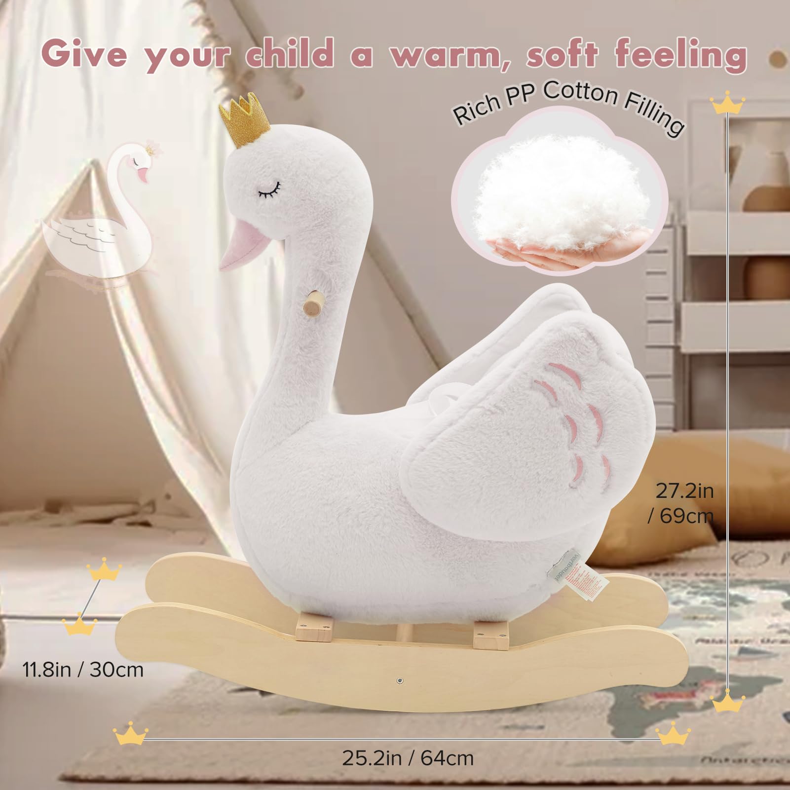 labebe Kids Rocking Horse White Swan, Stuffed Animal Wooden Rocker for Children 6 Months Boys and Girls/Nursery Christmas, Birthday Gift (Rocking Swan)