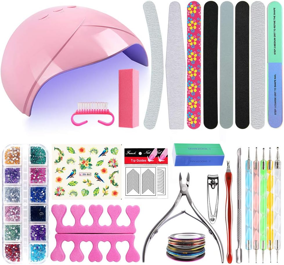 SHELLOLOH Gel Nail Lamp Starter Kit 36W UV/LED Nail Dryer with Nail Files Nail Cuticle Nipper Pusher Dotting Pen Nail Stickers Rhinestones Manicure Tools Set