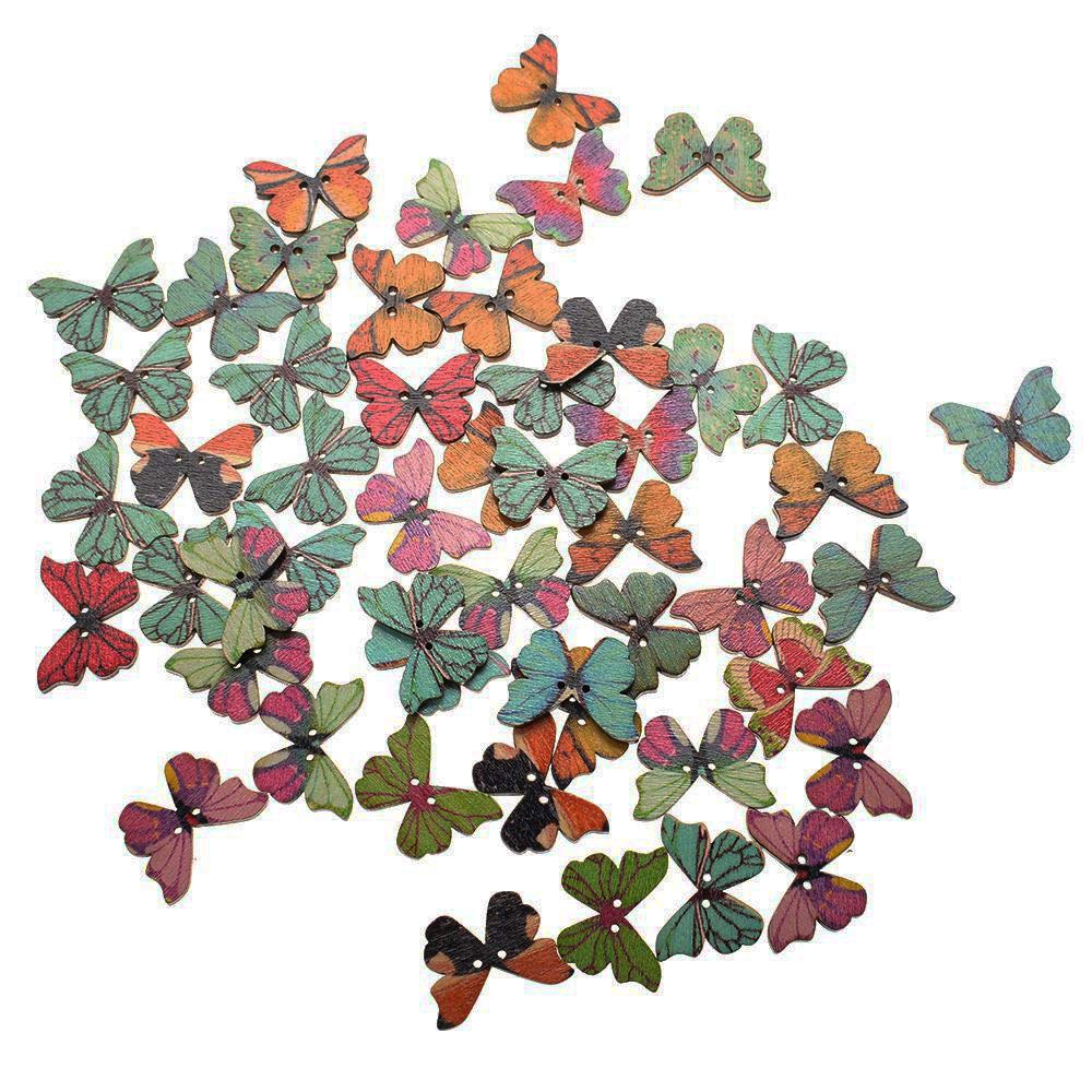 100 Pieces Butterfly Wood Buttons Mixed Bulk 2 Holes Cute Sewing Crafting Embellishment Buttons Accessories, Multi Color