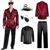 Wildox Men's Captain Halloween Costume Set,Halloween Costumes for Men Women,Red Silk Robe Jacket and Black Shirt Pants