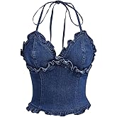 OYOANGLE Women's Frill Trim V Neck Denim Halter Top Tie Backless Shirred Jean Crop Top