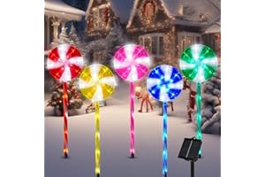 ILLUMINEW Outdoor Christmas Decorations Solar Pathway Lights, Set of 5 Lollipops Peppermint Stake Lights, 8 Modes Candy Cane Walkside Lights, Outdoor Xmas Decoration for Walkway,Yard