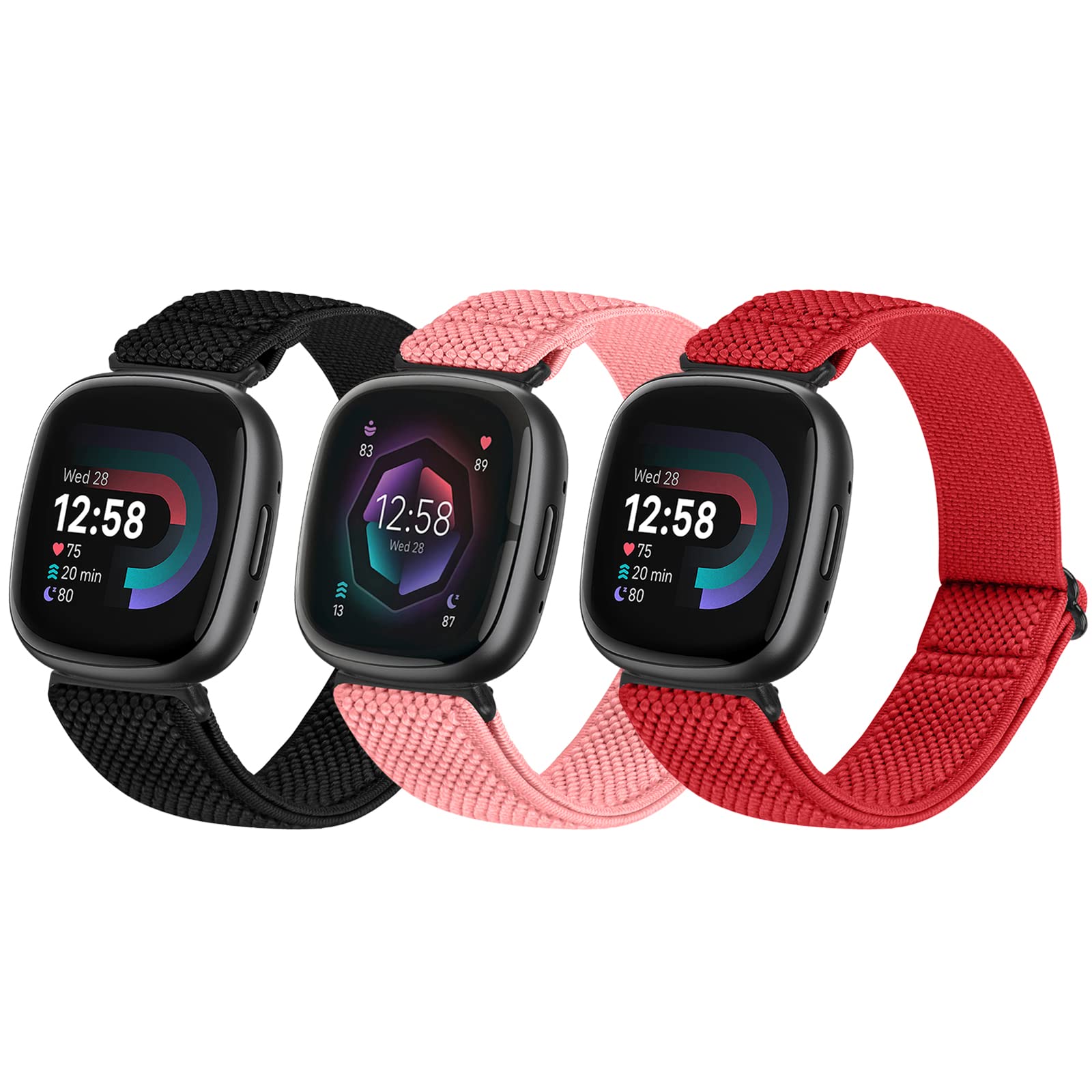 SHIJZWD 3 Pack Elastic Watch Strap Compatible with Fitbit Versa 4/3, Soft Breathable Nylon Sports Loop Band, Stretchy Adjustable Replacement Wristband for Women & Men