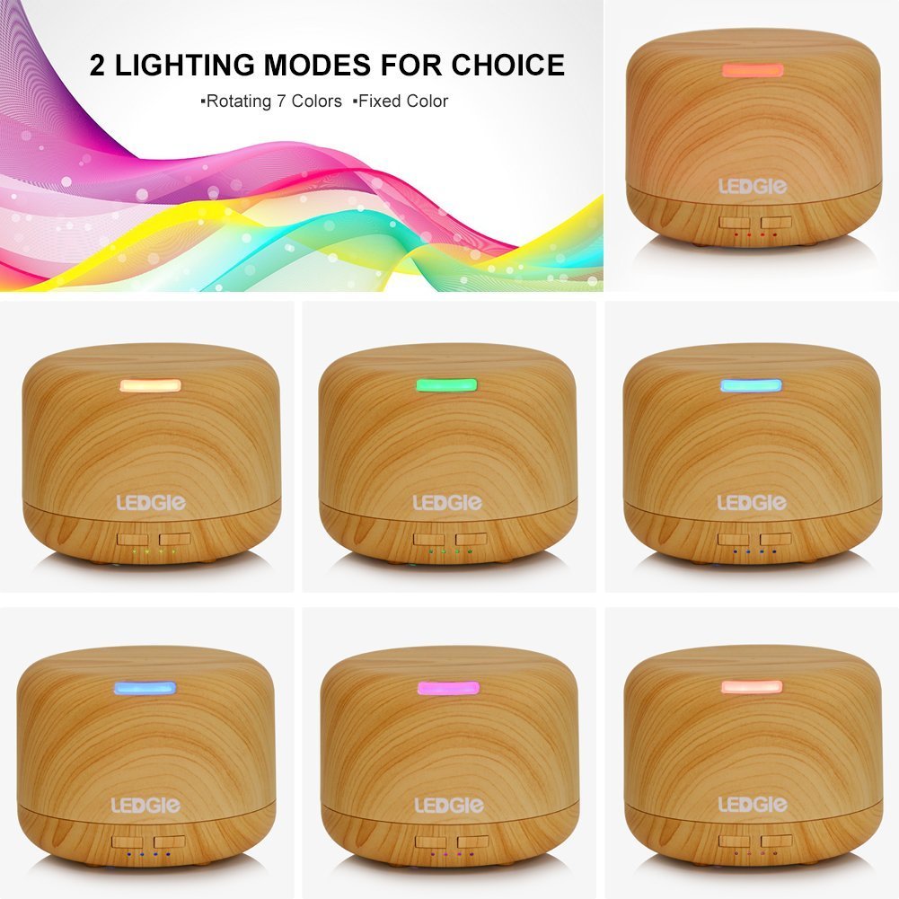Ledgle Wood Grain Essential Oil Aroma Diffuser Whisper Quiet Cool Mist Air Purifier Ultrasonic Humidifier with 7 Color LED Lights Changing and 4 Timer Settings, Waterless Auto Shut-off - 400ml …