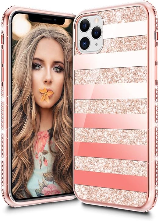Amazon Com Vego Compatible For Iphone 11 Pro Case Glitter Bling Diamond Rhinestone Sparkly Bumper Girly Fashion Shiny Cute Protective Fancy Case For Women Girls 5 8 Inch Stripe Rosegold