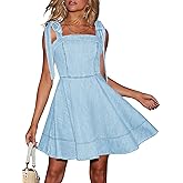 utcoco Denim Dress for Women Tie Shoulder Straps Sleeveless Backless Ruffle A Line Swing Babydoll Mini Jean Dresses