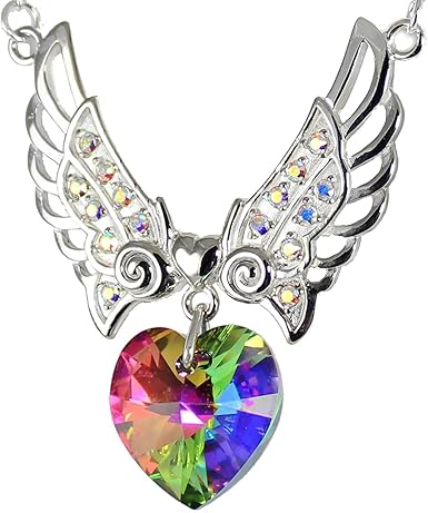 Amazon Com Angel Wings Crystal 18mm Heart With Wings Aurora Rainbow 18 Necklace With Extender Clothing