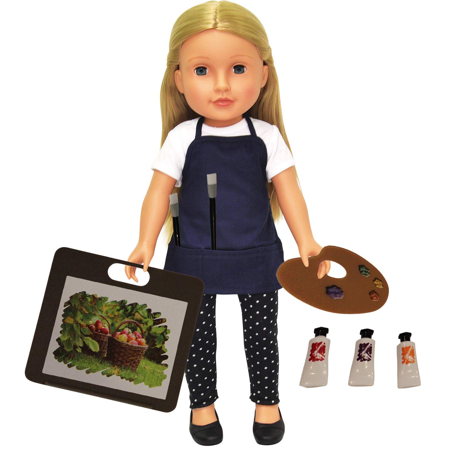 The New York Doll Collection 11 Piece Art Set for All 18 inch/46cm Dolls - Includes Apron, Easel, 2 Paint Brushes, 3 Paint tubes, Paint Palette, and three Sketches - Doll Art Set - Doll Accessories