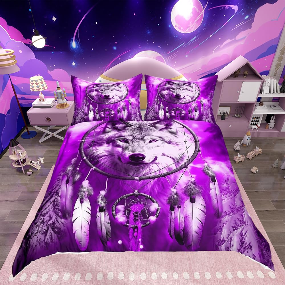 Loussiesd Dream Catcher Comforter Cover Single Tribal Feather Bedding Set Animal Wolf Pattern Decor 2 Pieces Exotic Duvet Cover Set Bohemian Bedspread Cover with 1 Pillowcase Hidden Zipper Purple