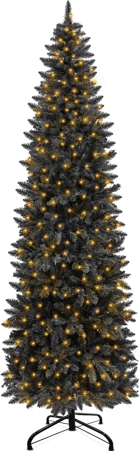 Trees - 7.5 Ft Prelit Black Halloween Christmas Tree, 350 LED Warm Lights, 1150 Thick Branch Tips, 8 Modes, Fire-Resistant, UL Plug, Metal Stand, Hinged Artificial Slim Xmas Tree Christmas Decorations Home