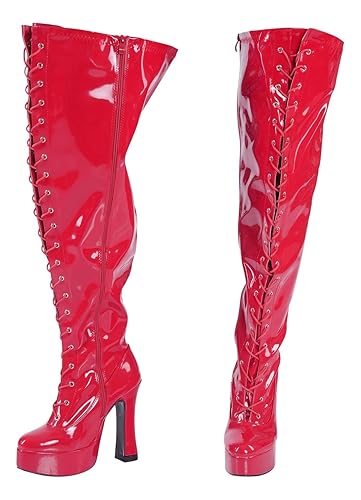 Plateau Overknee high Heels mit weitem Schaft Pink+ weiß