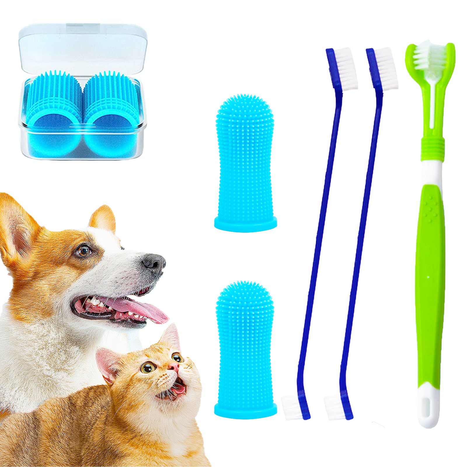 BSITSSS 5pcs Dog Toothbrush Set, Silicone Finger Toothbrush, Triple & Dual-Headed Pet Toothbrushes, Blue, Non-Powered, Pet Toothbrush Set