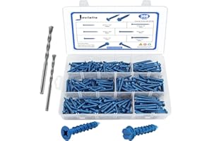 JOVLALIS 360 PCS Concrete Screws Drill Bit,1/4 3/16 Concrete Screws Flat & Hex Head Masonry Block or Brick Cement Screws and Anchors, Diamond Point, Length 1-1/4" to 2-1/4",Blue Coated