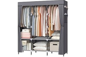 LOKEME Portable Closet, 61-Inch Portable Wardrobe with 3 Hanging Rods and 6 Storage Shelves, Non-Woven Fabric, Stable and Easy Assembly Grey Portable Closets for Hanging Clothes with Side Pockets