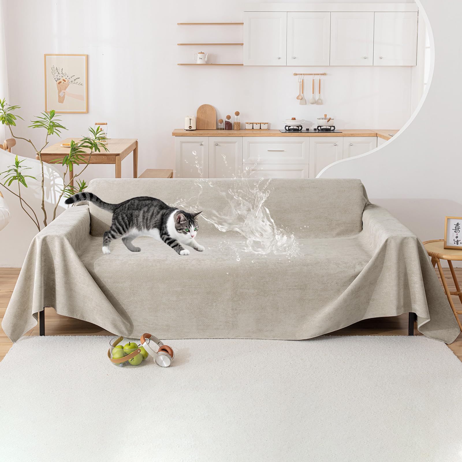 Photo 1 of VClife Anti Cat Scratch Sofa Cover, 100% Waterproof Couch Cover for Pets Khaki Sofa Cover for Sectional Sofa, Anti Slip Couch Protector Washable Throw Couch Cover for 3 Cushion Couch Sofa, 71"X134"