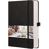 EMSHOI Graph Grid Journal Notebook, 256 Pages, A5 Size (5.7'' x 8.3'') | 120 GSM Thick Paper, Leather Hardcover, for School, Note Taking, Math, Engineering (Black)