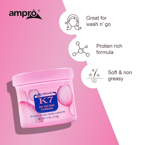 AMPRO LONG-AID K7 HAIR AND SCALP CONDITIONER – RICH WITH NATURAL EMOLLIENTS – PROVIDES STRONGER HAIR AND SCALP FOR ALL HAIR TEXTURES – PROTECTS AGAINST HUMIDITY AND NATURE – 4 OZ