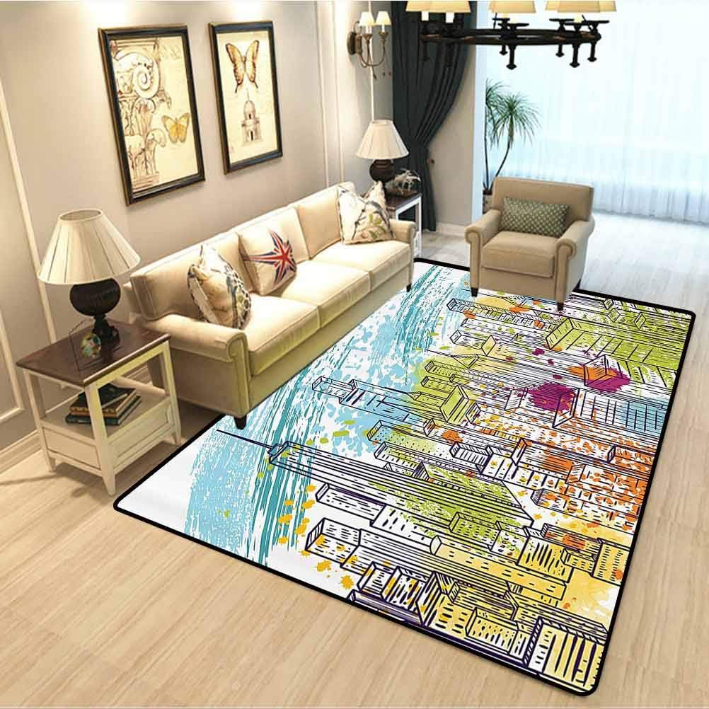 Amazon Com New York Non Slip Soft Fur Carpet Urban Theme Watercolor Style Effect Landscape Of City Life Skyscrapers Room Carpets Suitable For Children Bedroom Home Yellow And Sky Blue W6 5xl8 Feet Kitchen