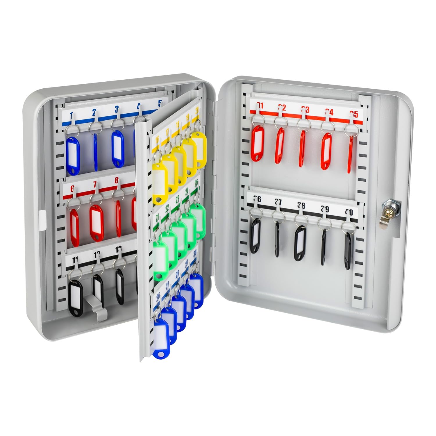 HMF 13040-07 Key Box, Key Cabinet | Adjustable Hook Bars | 40 Hooks | 30 x 24 x 7.5 cm | Light Grey