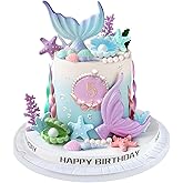 21pcs Mermaid Cake Topper - Mermaid Tail Cake Decorations with Seaweed Shells Starfish Coralal Under the Sea Cake Decorations for Birthday Party Decorations (Blue Purple)