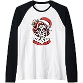 Christmas Sugar Skull Art Woman Santa Hat Festive Design Raglan Baseball Tee