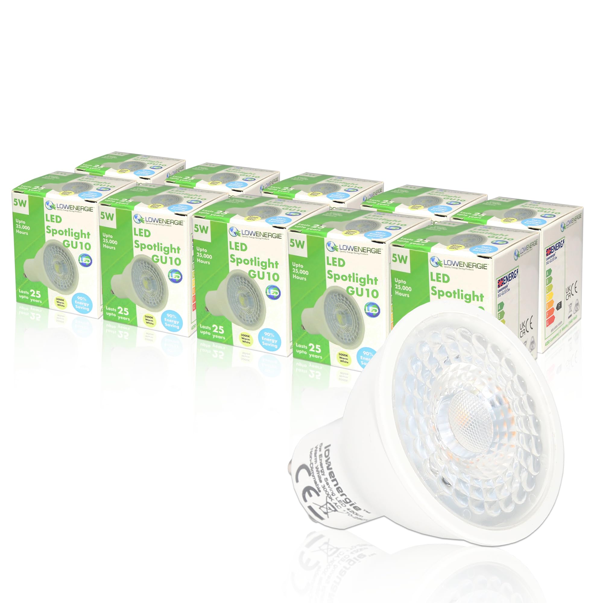LOWENERGIE 5W GU10 SMD LED Spotlight Lamp Downlight F Rated Bulbs Lights 240V (Warm White 3000K, 10 Pack)