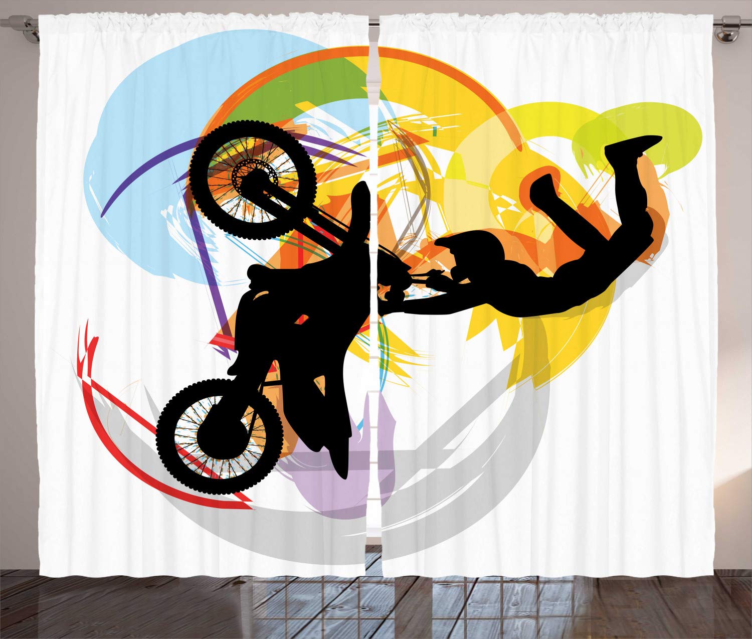 ABAKUHAUS Extreme Sports Curtains, Motocross Themed Rider with Color Smears Background Colorful Arrangement, Living Room Bedroom Window Drapes 2 Panel Set, 280 x 225 cm, Black Yellow — image 1