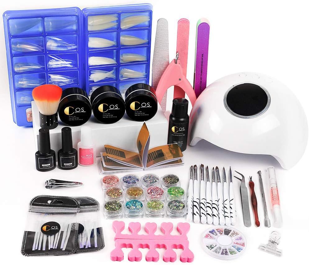 U V Gel Kit with U V Lamp 3Pcs Pink White Clear Poly U V Gel 24W U V LED Nail Lamp U V Builder Nail Gel Nail Glitters Manicure Tools Kit Nail Art Started Kit for Home and Salon
