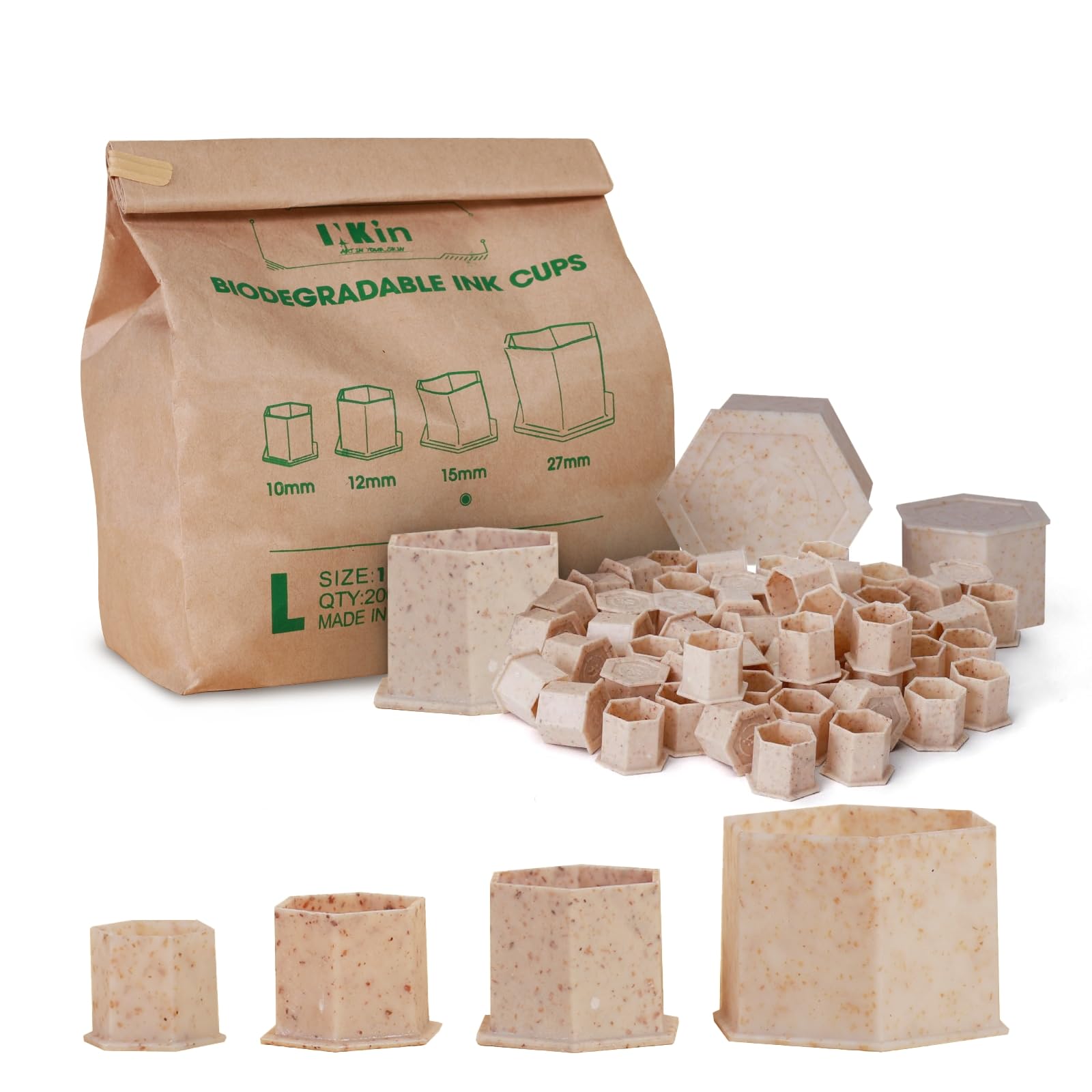 Biodegradable Tattoo Ink Cups - Mixed Sizes (10mm, 12mm, 15mm, 27mm) - 100PCS Eco-Friendly Disposable Tattoo Ink Caps with Base, Made from Wheat Straw Fiber for Ink Pigments & Tattoo Supplies