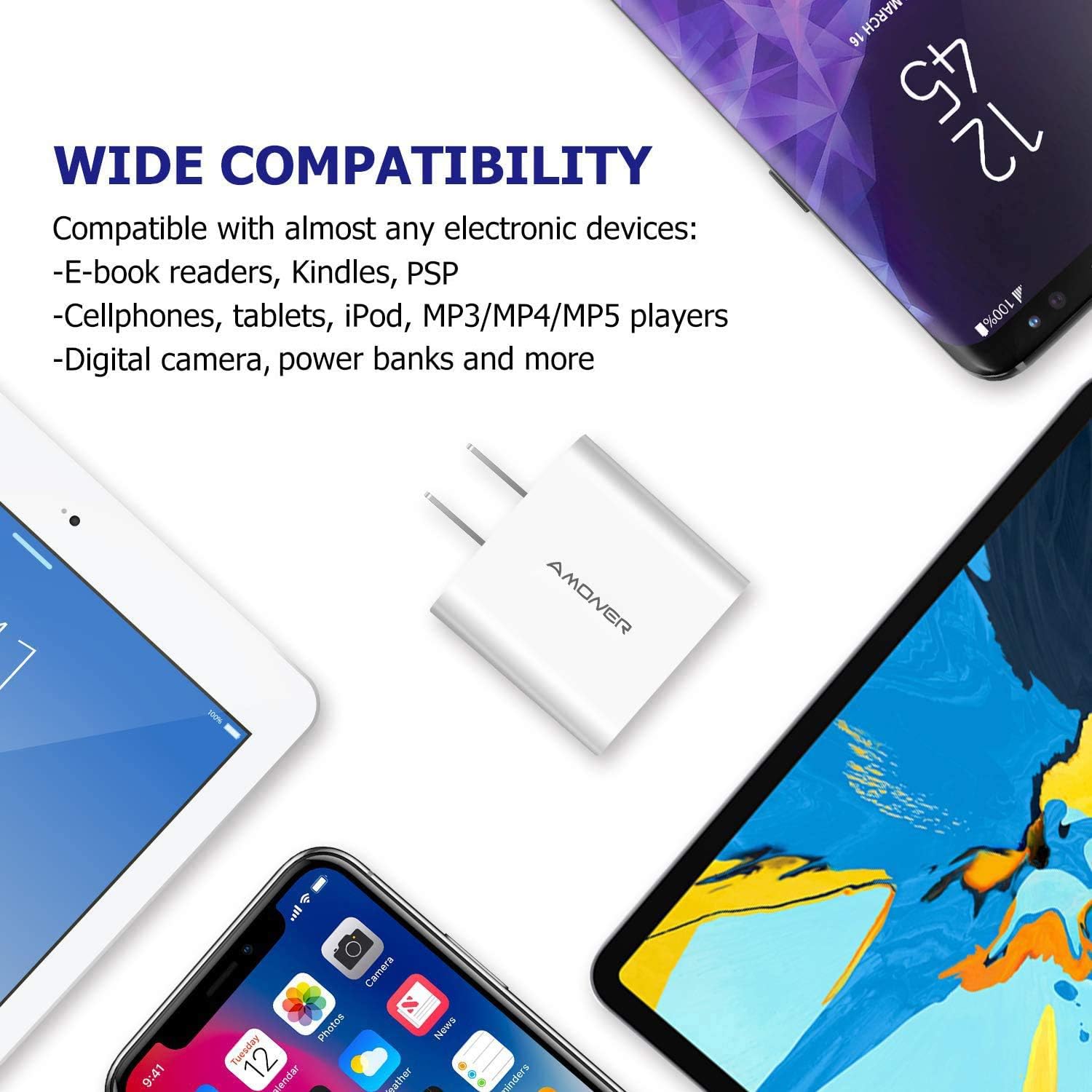 Wall Charger, Amoner Upgraded 2Pack 15W 3-Port USB Plug Cube Portable Wall Charger Plug for iPhone Xs/XS Max/XR/X/8/7/6/Plus, iPad Pro/Air 2/Mini 2, Galaxy9/8/7, Note9/8, LG, Nexus and More