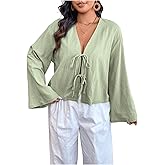 SHENHE Women's Plus Size Bow Tie Front Top V Neck Bell Long Sleeve Going Out Blouse Shirt Top