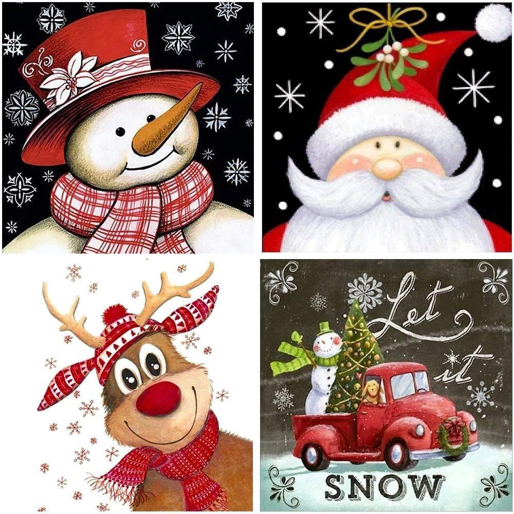 4 Pack 5D Diamond Painting Kits for Adults Kids, Christmas Snowman Santa Claus Full Drill Diamond Embroidery Big Size Art Craft for Home Wall Decor, 12 X 12 Inch (Christmas Diamond Paintings)