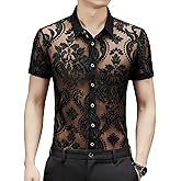 Yonititeee Men Women See Through Shirts Sexy Short Sleeve Night Club Fishnet Lace Shirt