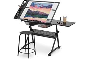 SFIHOME Adjustable Drafting Table & Stool Set, Art Desk with Additional Slide-Out Table Design, Versatile Drawing Table with Storage, for Art, Drafting and Creative Tasks, Black