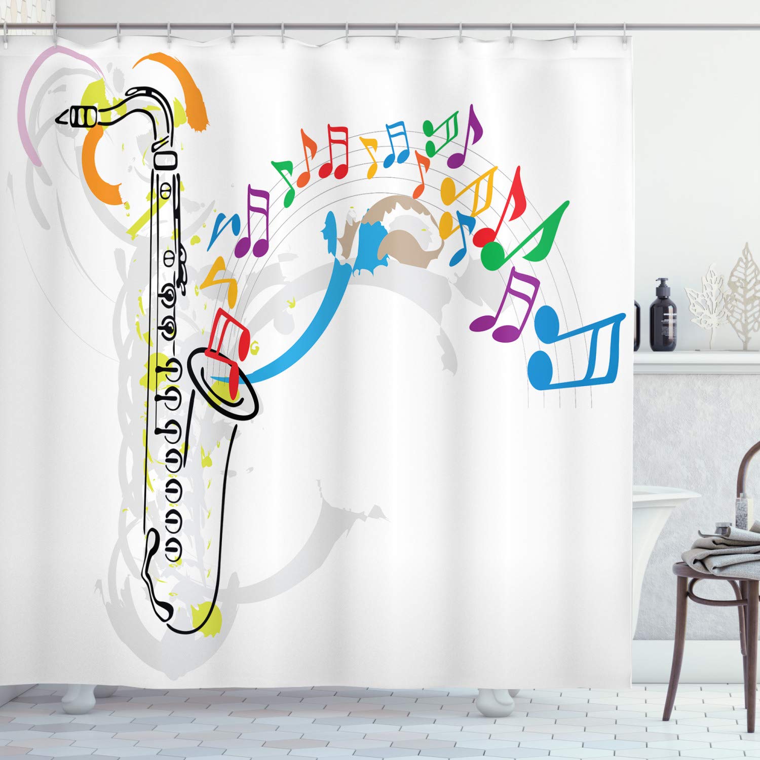 ABAKUHAUS Jazz Music Shower Curtain, Celebration Festival Theme Colorful Artwork with Music Notes and Saxophone, Cloth Fabric Bathroom Decor Set with Hooks, 86 Inches Extra Long, Orange Green Red