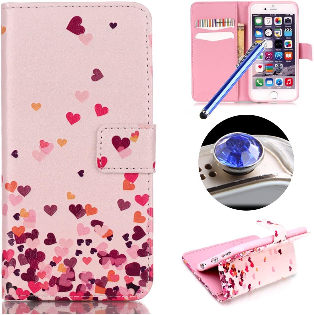 Etsue Leather Case for Iphone 5/5S,Wallet Case for Iphone 5/5S,Flip Case for Iphone 5/5S,Cute Pink Heart Design Pu Leather Magnetic Wallet Case with Card Slots for Iphone 5/5S with Blue Stylus Pen and Bling Glitter Diamond Dust Plug Colors Random-Pink Heart