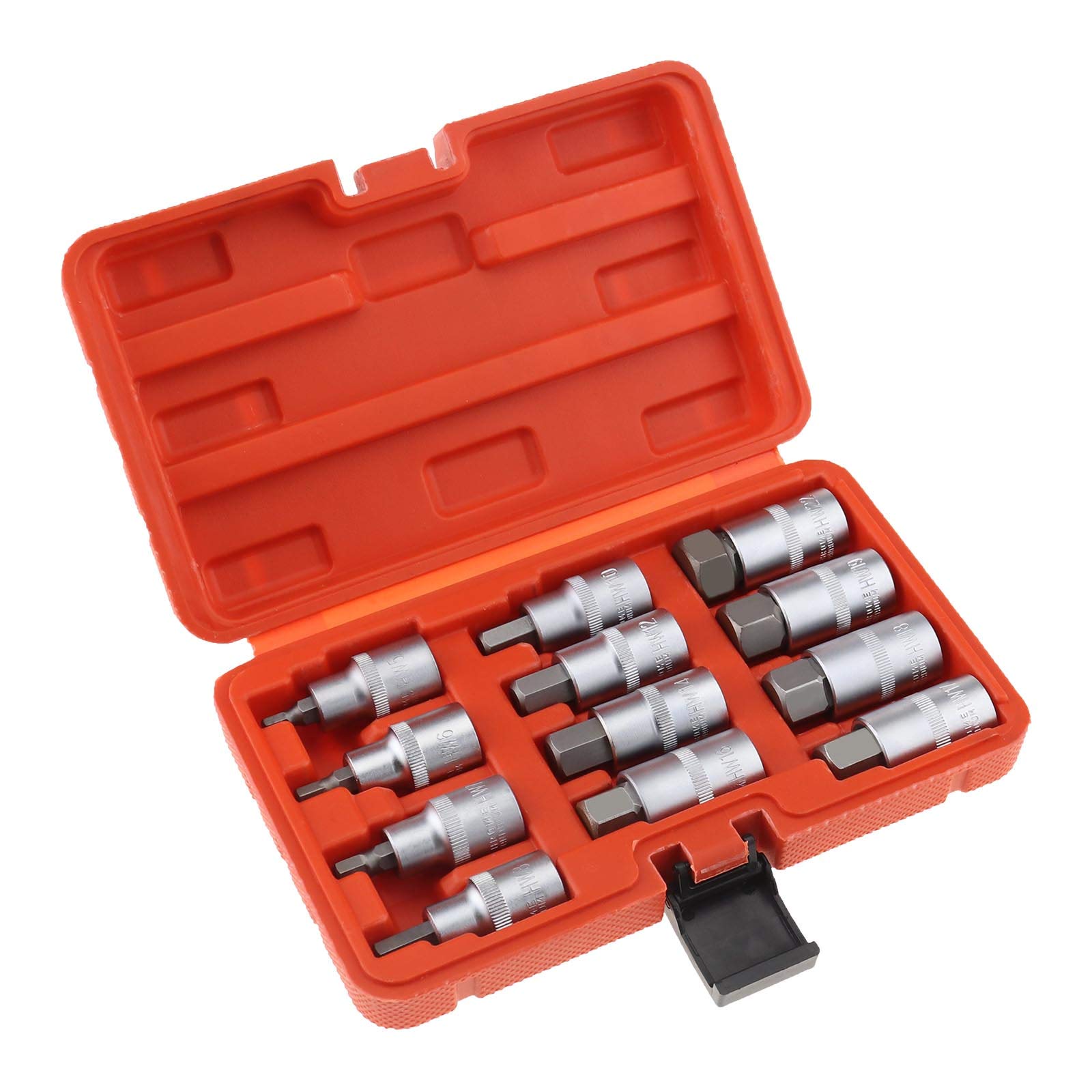 OTOTEC 12Pcs 1/2 Inch Drive Hexagon Bit Socket Set, Impact Socket with Knurling CR-V Chrome Plated H5 to H22 - Length 55mm