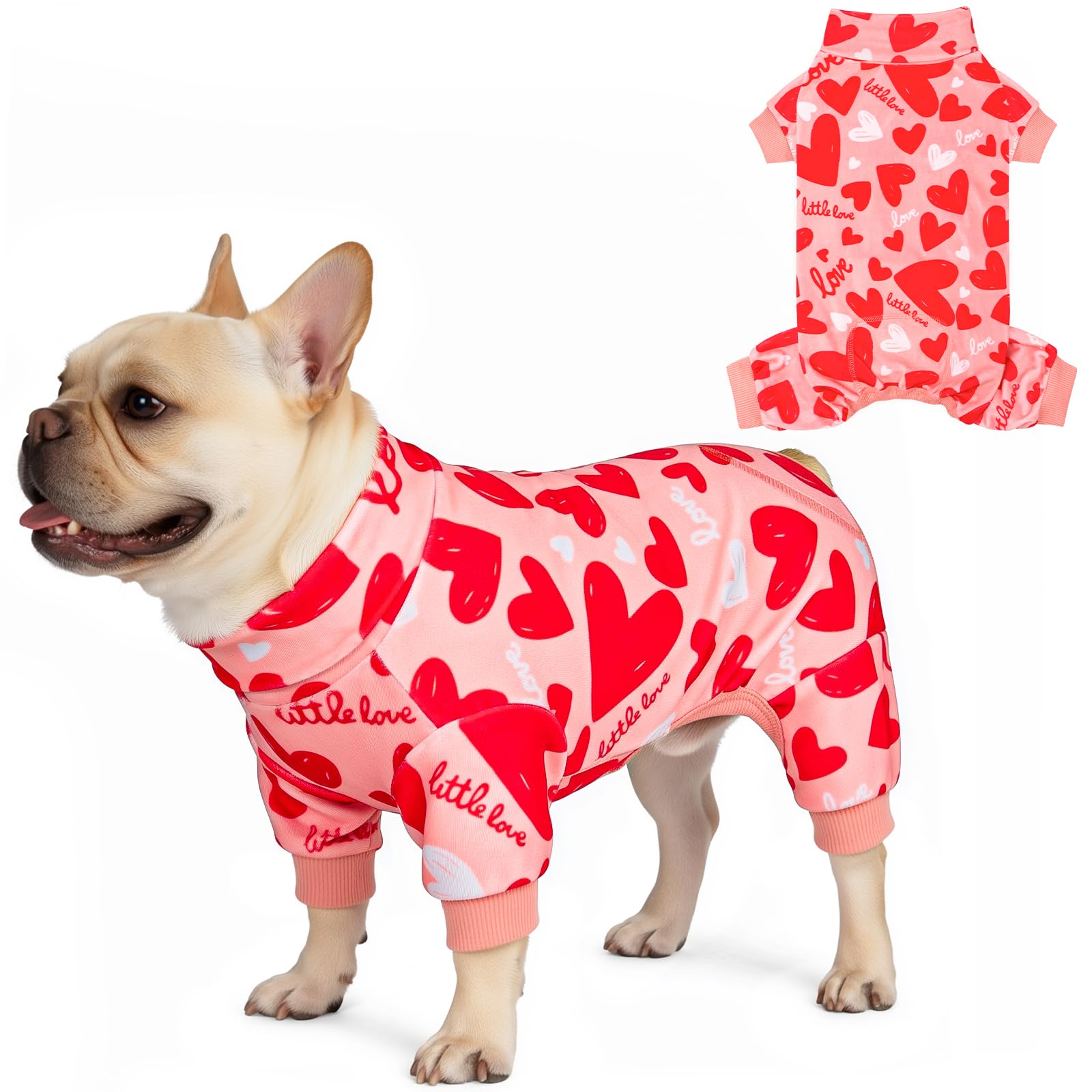 Photo 1 of KYEESE Valentine's Day Dog Pajamas, Lightweight Heart Print Dog Onesie, Soft Stretchy Pjs for Pet, Cute Festival Dogs Pajamas for Small Dogs, Pink, X-Large