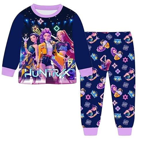 K POP D-emons H-unters Pyjamas Sets, Girls Long Sleeve 2 Pieces Pjs Set, Music Party Pajamas Nighties Cartoon Sleepwear for Kids, Kids Pyjamas Long Sleeve Music Party Merch Clothes