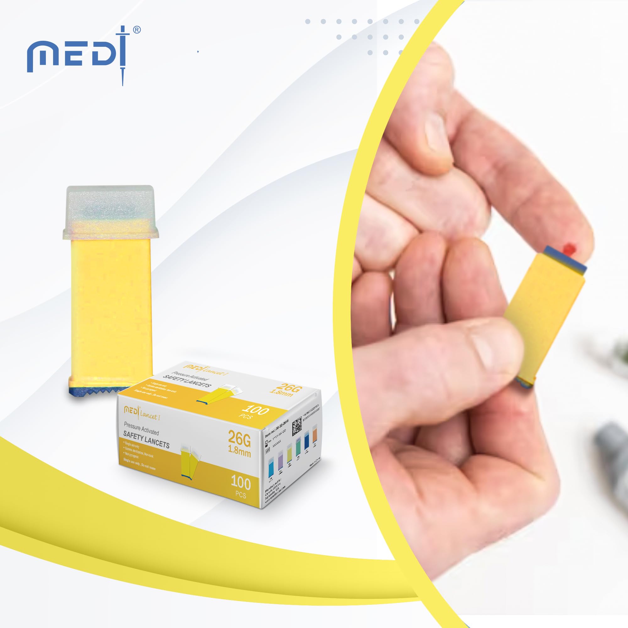 Pressure Activated Safety Lancets 26G x 1.8mm - Gamma Ray Sterilized, Ideal for Blood Testing, Single Use and Gentle for Comfortable Testing - Pack of 100