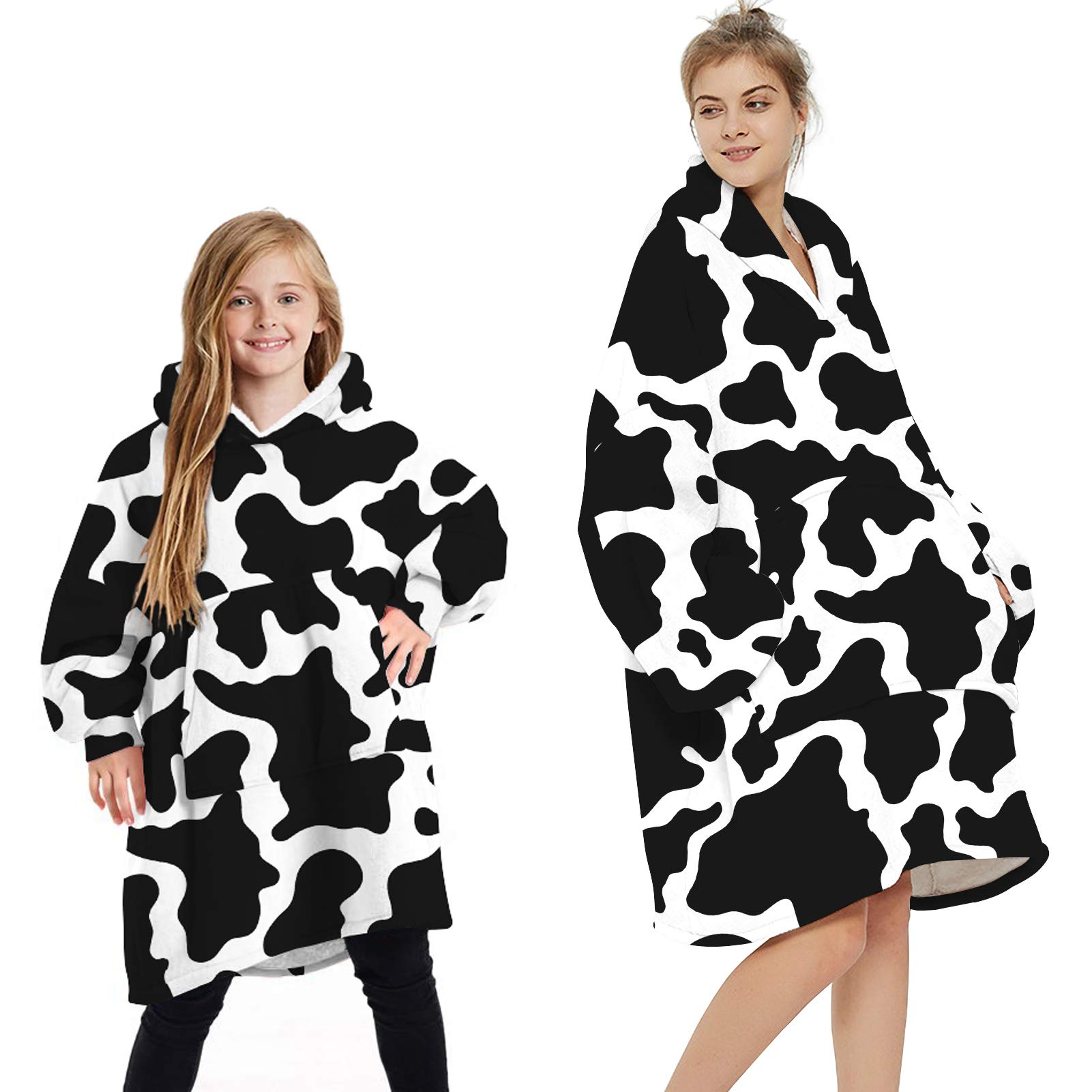 L&ieserram Oversized Oodie Blanket Hoodie Fluffy Fleece Hoodie Blanket for Women Men Kids Wearable Hooded Blanket with Big Pocket (Cow - Black & White, One Size)