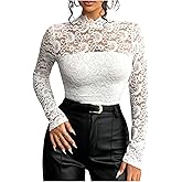 Verdusa Women's Floral Lace Zip Up Sheer Tops Long Sleeve Mock Neck Slim Tee Shirts