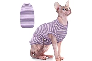 ADNIKIA Sphynx Alaska Glacier Cats Shirt Rainbow Stripe Stretchy Cat Sweater,Pullover Cat Pajamas Jumpsuit,Round Collar Vest for Kittens, Sleeves, Turtleneck