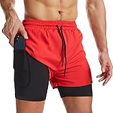 Surenow Mens 2 in 1 Running Shorts Quick Dry Athletic Shorts with Liner, Workout Shorts with Zip Pockets and Towel Loop