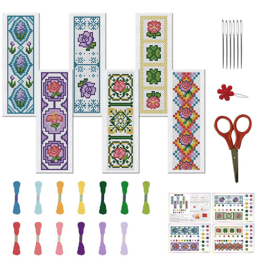 FREEBLOSS 22*8cm 6 Set Flowers Cross Stitch Bookmark Kits Plaid Flowers Cross Stitch Patterns DIY Bookmarks Cross Stitch Kits Stamped Embroidery Bookmarks Kit Counted Cross Stitch Kits for Beginners