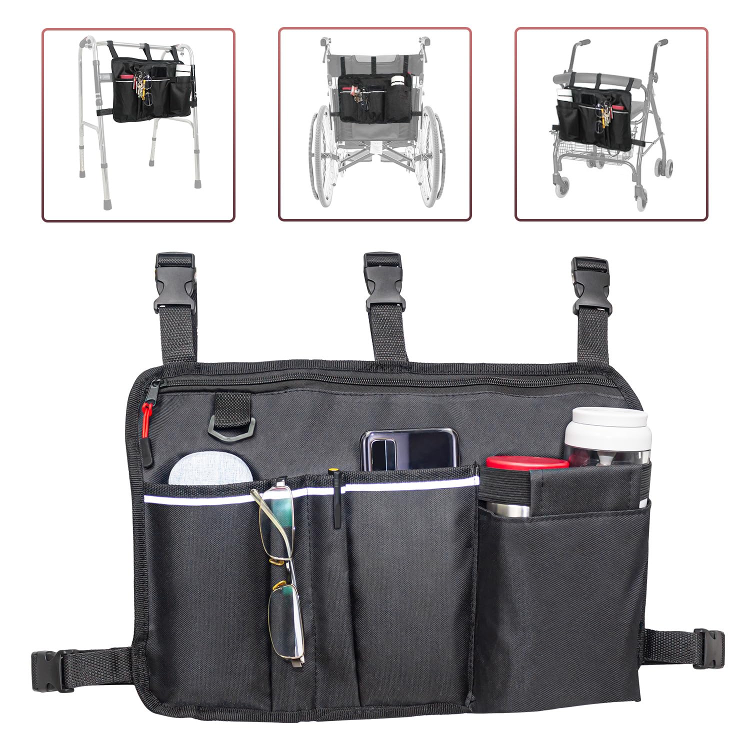 Large Walker Bag with Water Cup Holder,Walker Basket,Walker Accessories,Walker Bags For Folding Walker,Walker Bags For Seniors,Bag For Walker,Foldable Walker Storage Bag,Side Walker Bag
