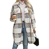 Women's Long Flannel Plaid Jacket Shacket Lightweight Button Down Fuzzy Fleece Shirts Trendy Sherpa Trench Coat